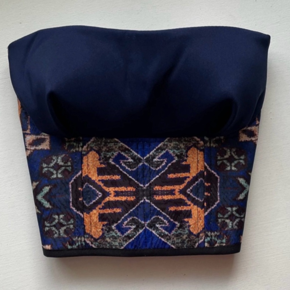 Sapphire Radiance Crop Top - Corset - Navy Blue Vintage Tapestry Handmade